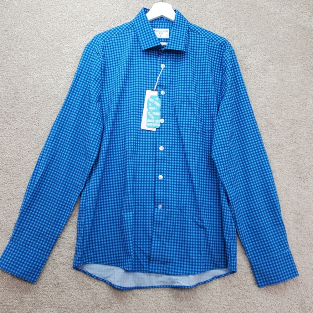 &COLLAR Mens Slim Fit Performance Dress Shirt‎ Blue Gingham L Recycled Polyester